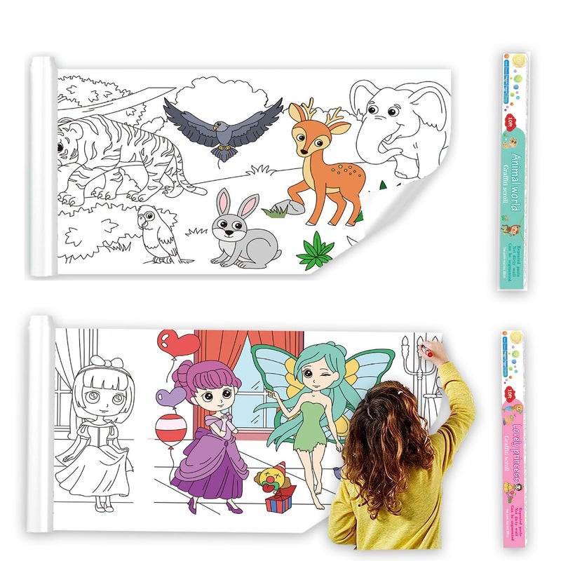 Vamotto Large Size Coloring Paper Roll for Kids  Toddler Drawing Paper Roll DIY Sticky Wall Painting Color Filling Paper 120 * 15 Inch (Animal & Princess) - Image 1